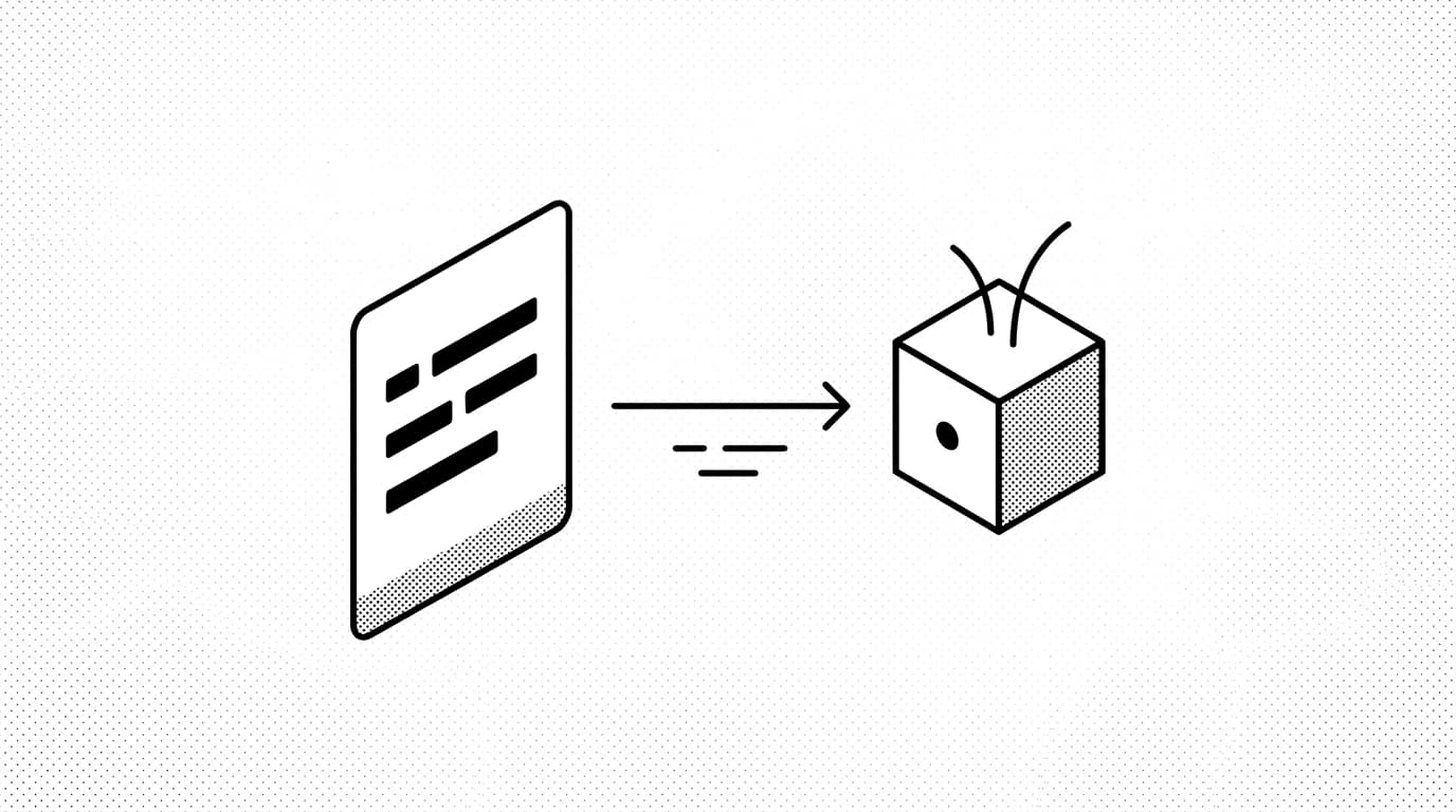 A recorded guide card on the left connected by a horizontal arrow to an abstract circuit-cube agent icon on the right, brutalist editorial illustration suggesting documentation feeding agent automation