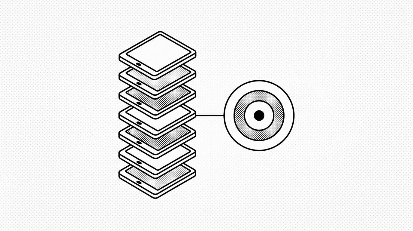 Multiple stacks of guide cards converging on a target ring, brutalist editorial illustration suggesting seven candidates ranked