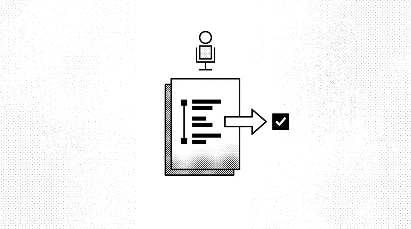 A guide card with numbered steps connecting to a target ring, brutalist editorial illustration suggesting onboarding documentation hitting completion