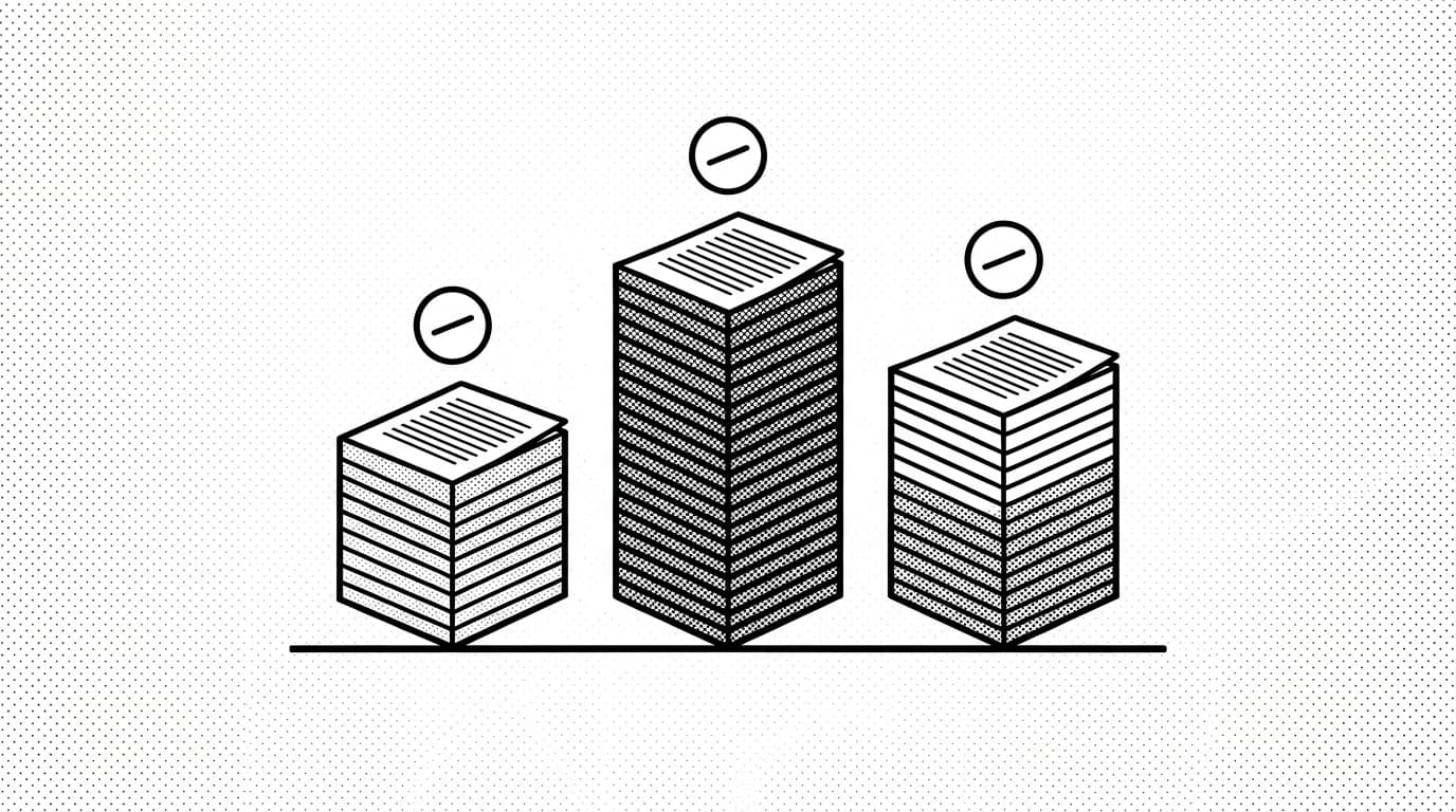 Three stacked invoice ledgers next to a guide artifact, brutalist editorial illustration suggesting documentation pricing models
