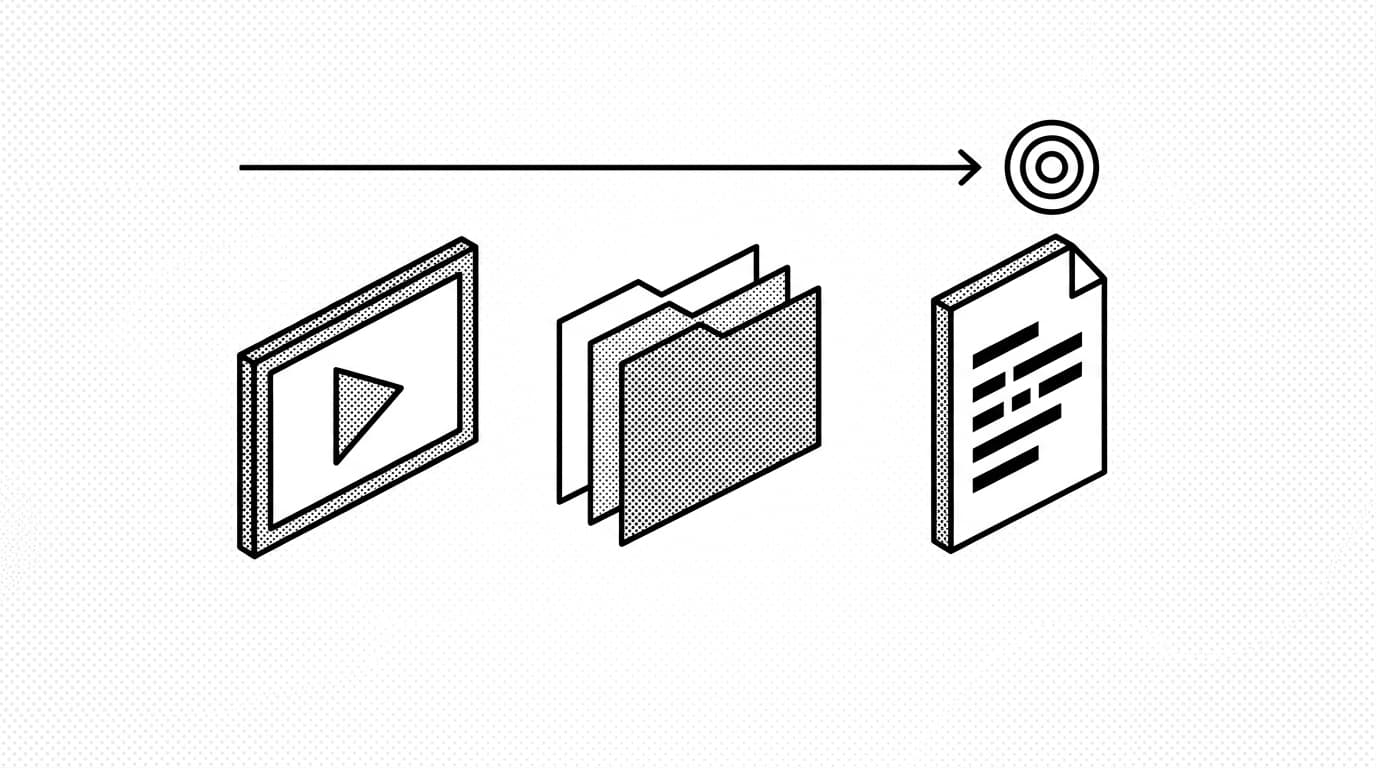 Three stacks of artifacts (a play-button shape, a step-card stack with no audio mark, a step-card stack with a voice-wave mark) feeding a single helpdesk inbox, brutalist editorial illustration suggesting three documentation formats consumed by an IT self-service library