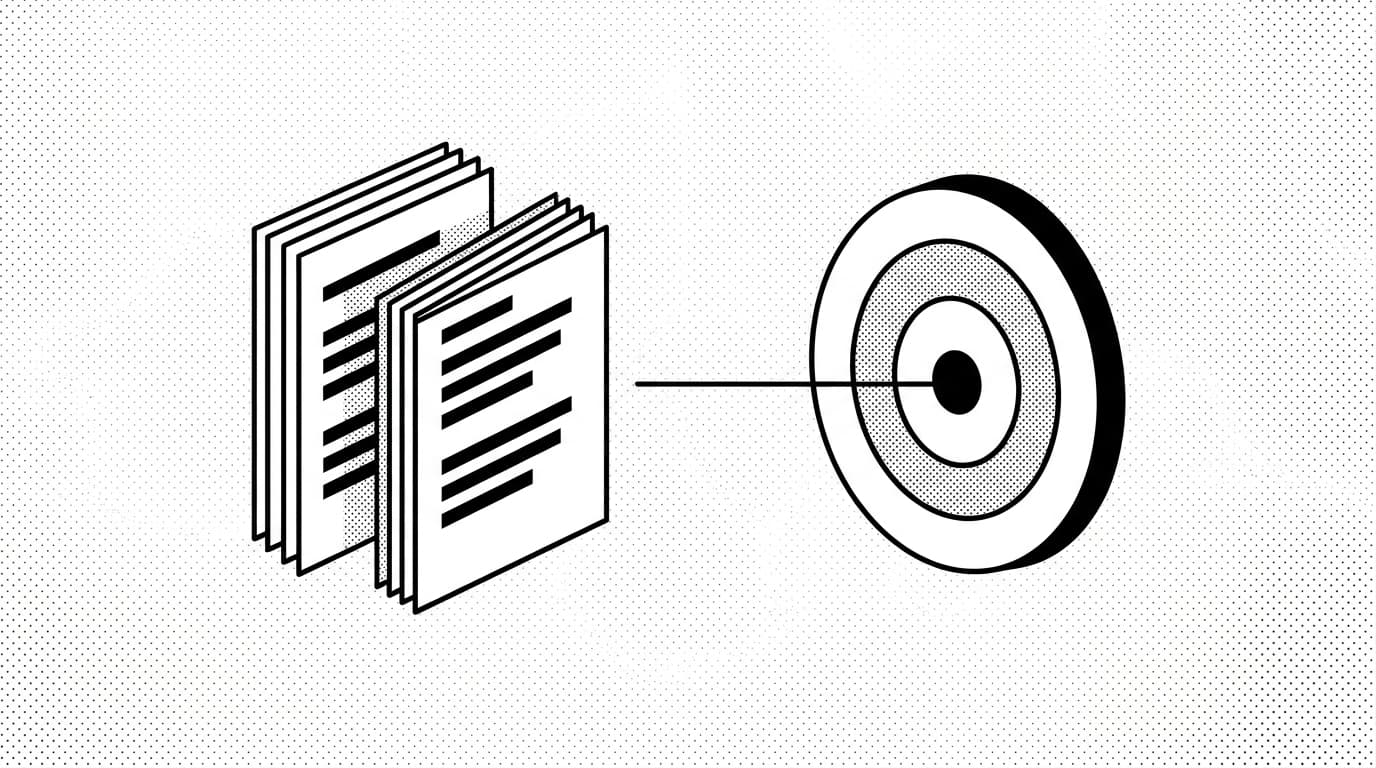 Two stacks of guide cards next to a target ring, brutalist editorial illustration suggesting documentation hitting its mark