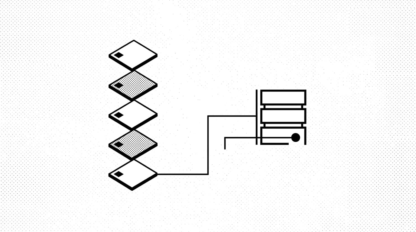 Stack of guide cards with a numbered step badge connecting to a target ring, brutalist editorial illustration suggesting IT runbooks finding their reader