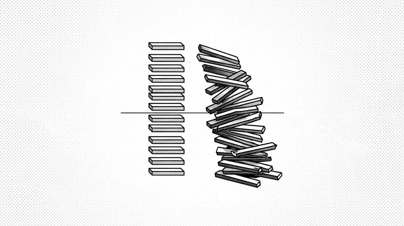 A tall stack of step-cards being cut down to a shorter stack of twelve, brutalist editorial illustration suggesting compression of documentation length
