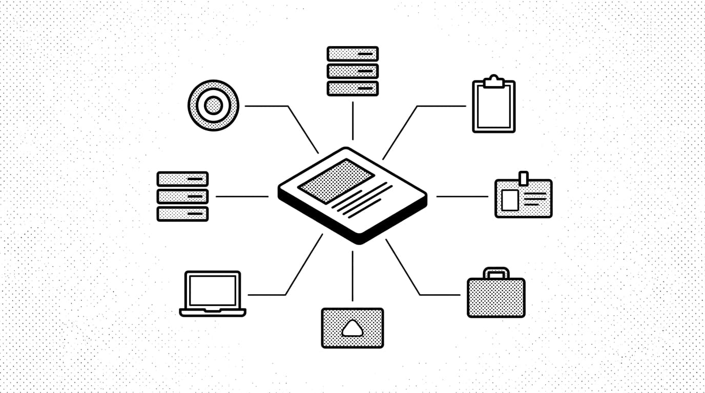 A central guide card with six radiating connectors leading to small isometric icons (target, server, clipboard, ID badge, briefcase, laptop), brutalist editorial illustration suggesting one method serving six teams