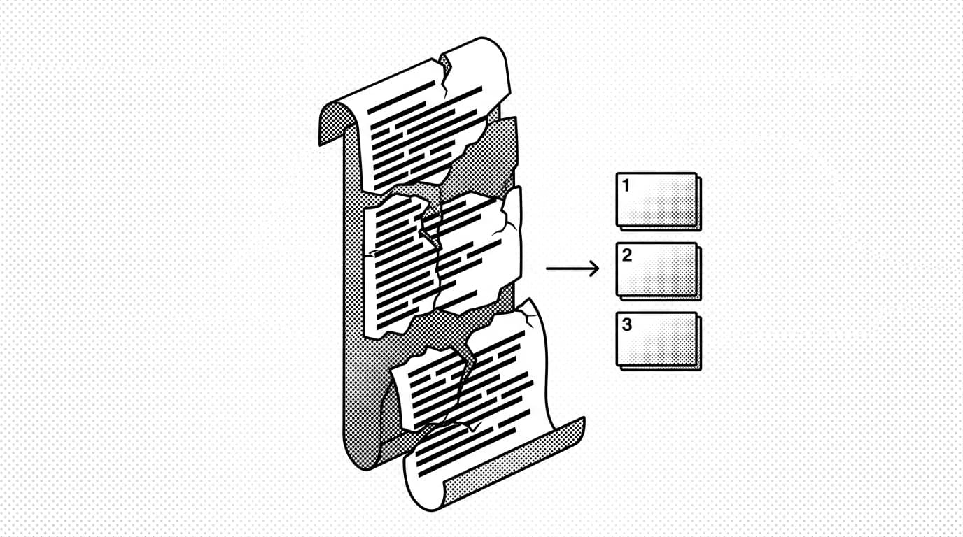 A 2,400-line scroll cracking down the middle next to a stack of twelve neat cards, brutalist editorial illustration suggesting the structural failure of monolithic engineering documentation