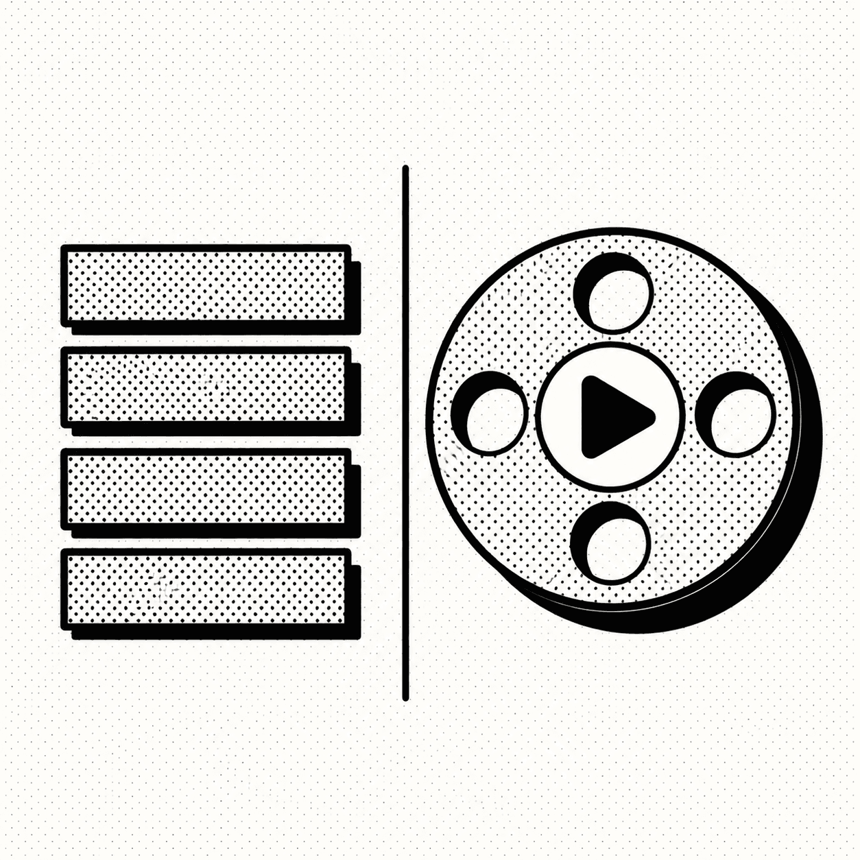 A stack of step-cards next to a single play-button shape, brutalist editorial illustration suggesting a written guide versus a recorded video