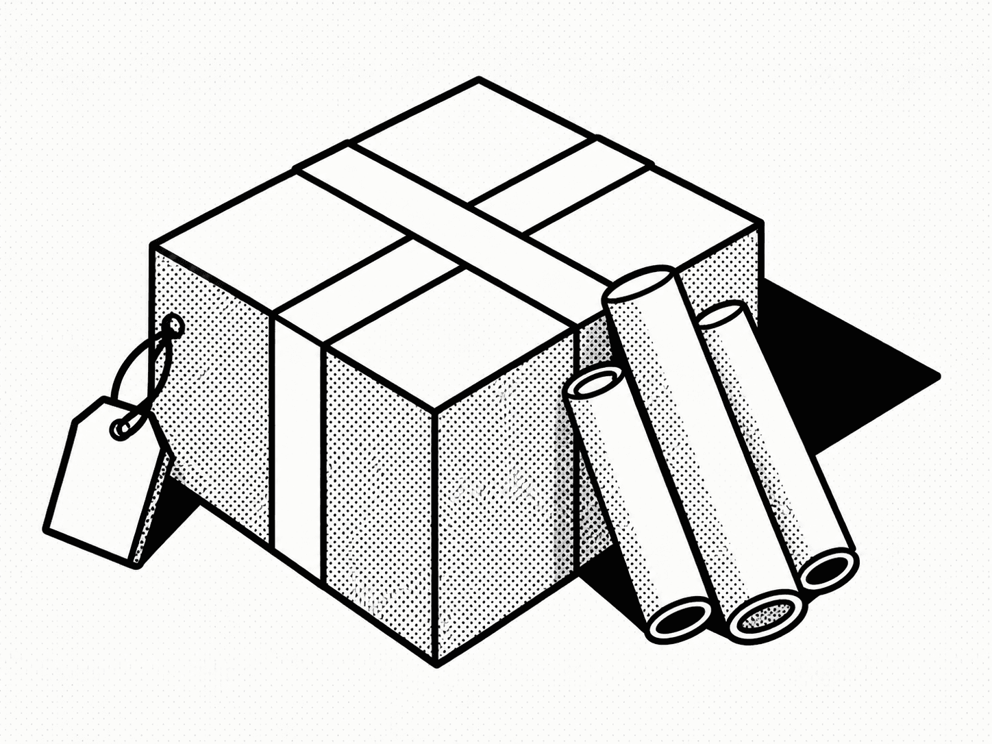 Agency founder reviewing a deliverable pack on a wide desk, brutalist editorial illustration
