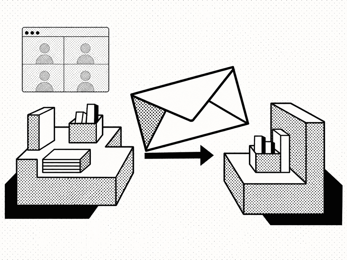 Customer Success onboarding workflow, brutalist editorial illustration