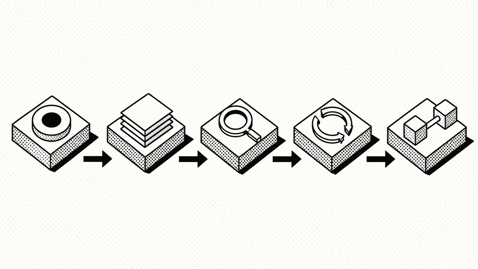 Onboarding handoff flow, isometric brutalist diagram