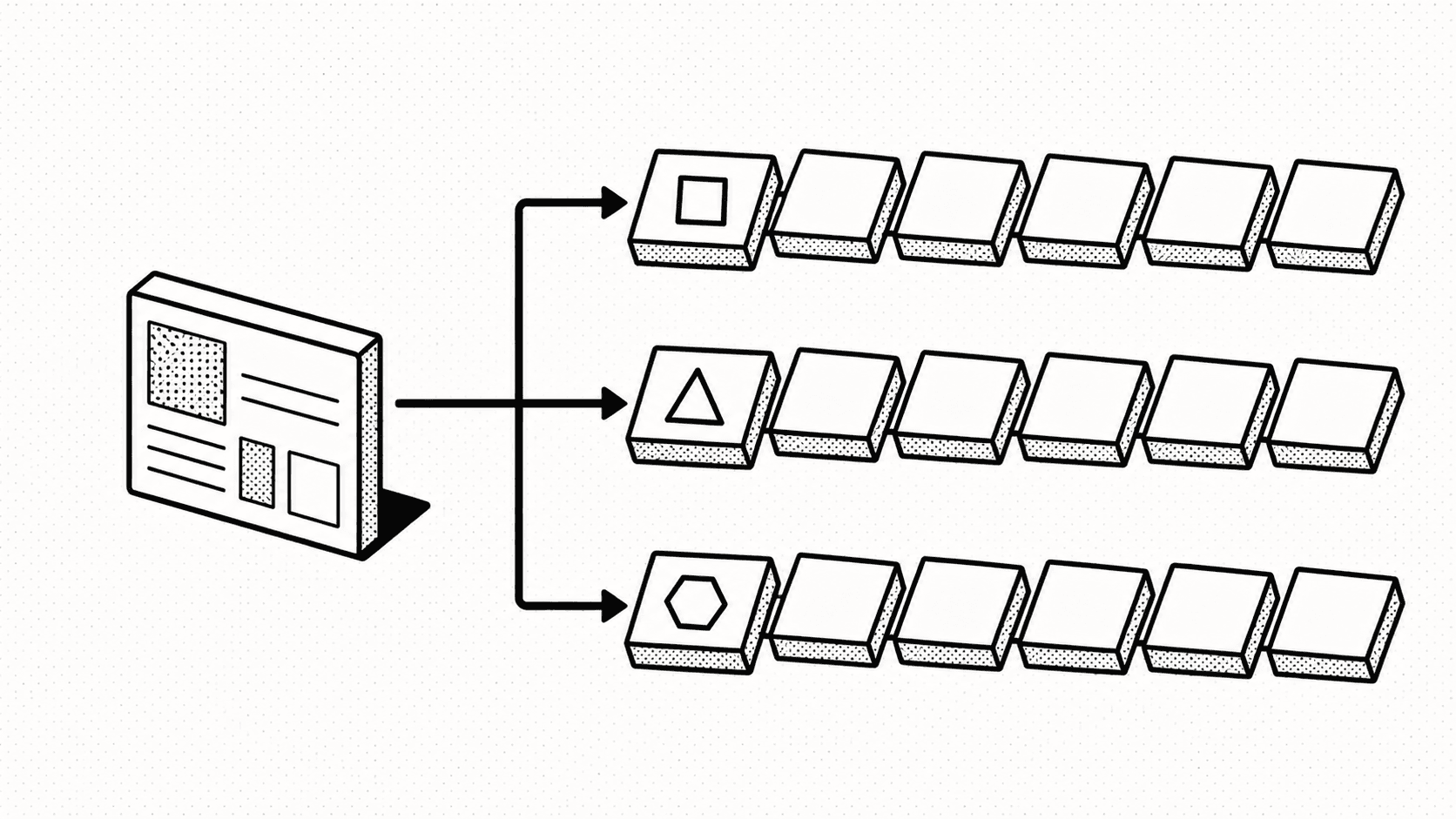 Playlist branching by role, isometric brutalist diagram