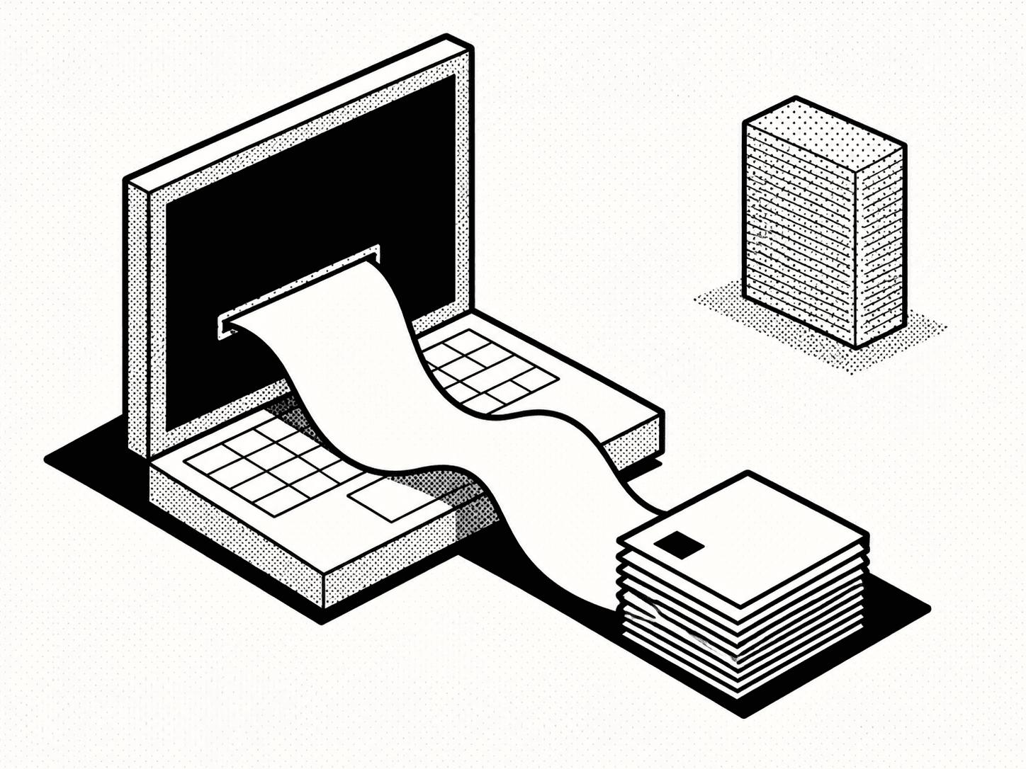 Staff engineer at a fresh-laptop setup with dual screens, brutalist editorial illustration