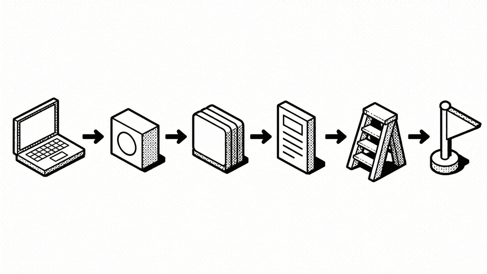 Onboarding pipeline from clone to first PR, isometric brutalist diagram